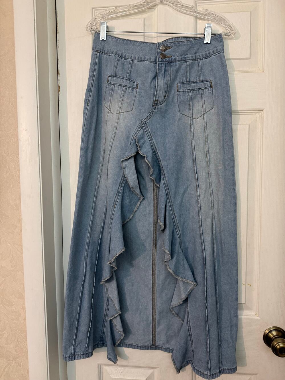 Edikted Valencia Ruffle Slit Denim Maxi Skirt Size S Light Wash Y2K Western